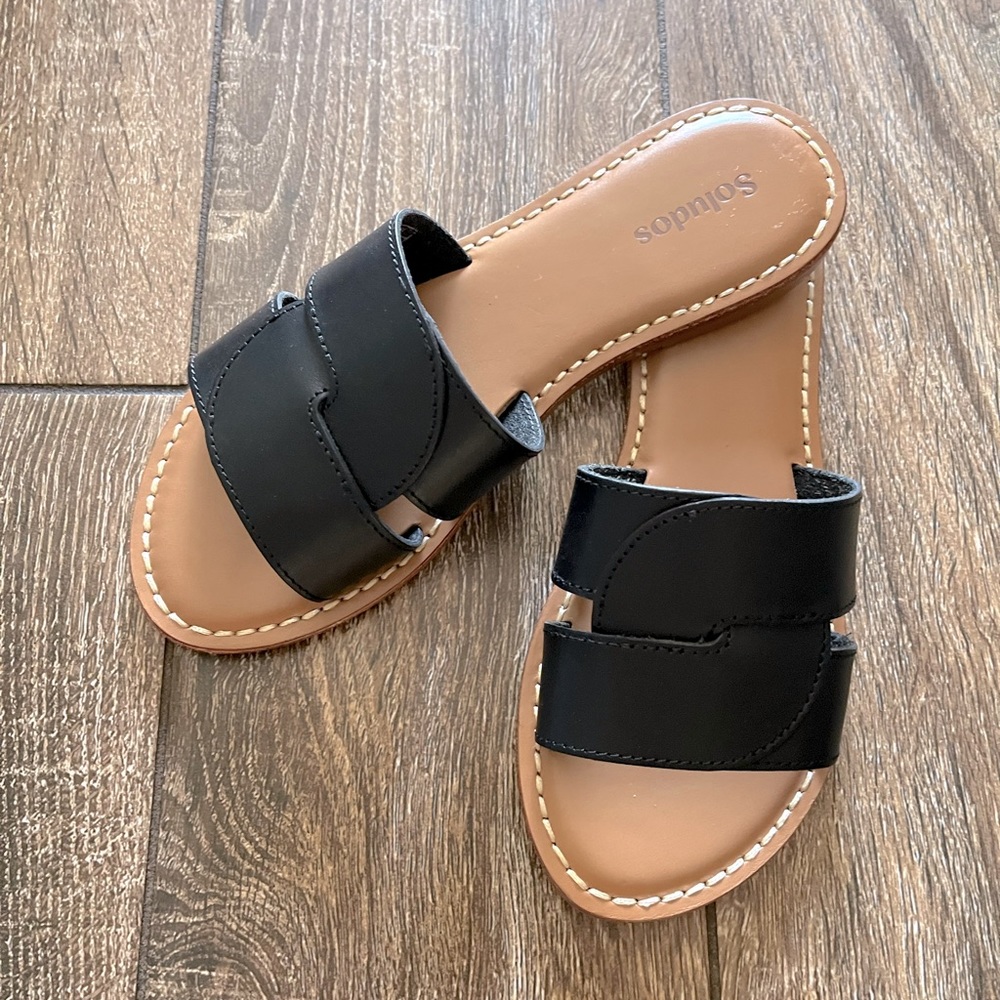 SOLUDOS black leather slide on open toe black sandals